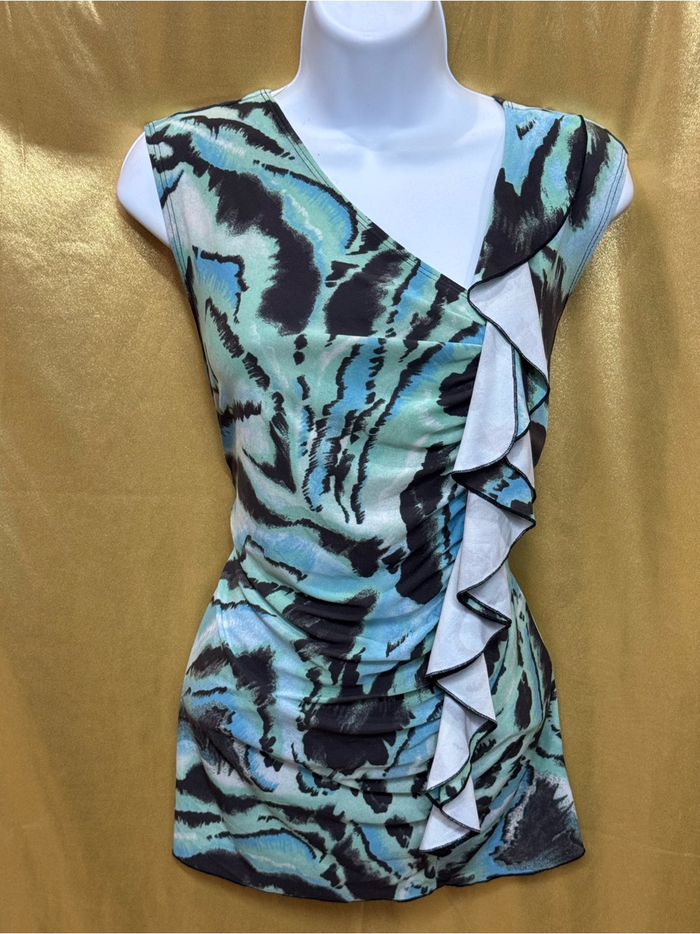CATO Blue & Black Abstract Animal Print Ruffle Blouse - Size Medium